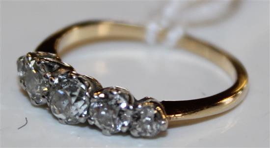 Five-stone diamond half hoop ring, platinum-set on yellow metal shank